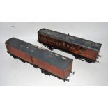 Two gauge 1 GNR wooden bogie coaches teak, Br/3rd suburban and a full brake (roof paint flaking