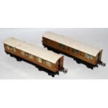 Two 1937-41 Hornby No.2 Corridor coaches, LNER: 1st/3rd roof dulled and very chipped, silvering