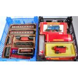 Three trays containing mixed items including Hornby 0-4-0 steam and diesel locomotives, damaged