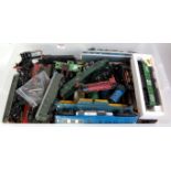 Two plastic boxes containing large quantity of locomotive bodies, tenders, wheels, chassis,