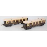 Two No. 2 Hornby Pullman bogie coaches, brown and cream, with corridor connection, with opening