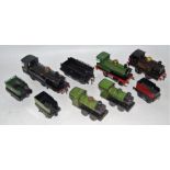 Five Hornby clockwork locos: 1921-3 No. 2 loco and tender, plain black 2711 repaint, plain green
