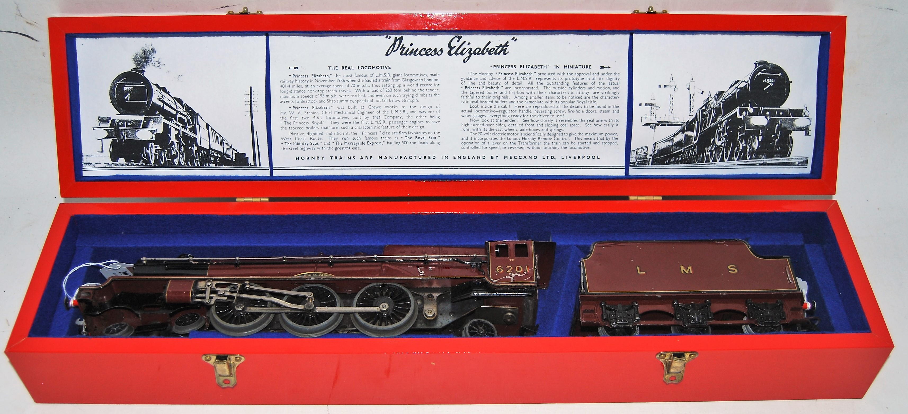 Hornby 1938-40 Princess Elizabeth loco and tender 20v AC LMS maroon, very heavily playworn, fitted