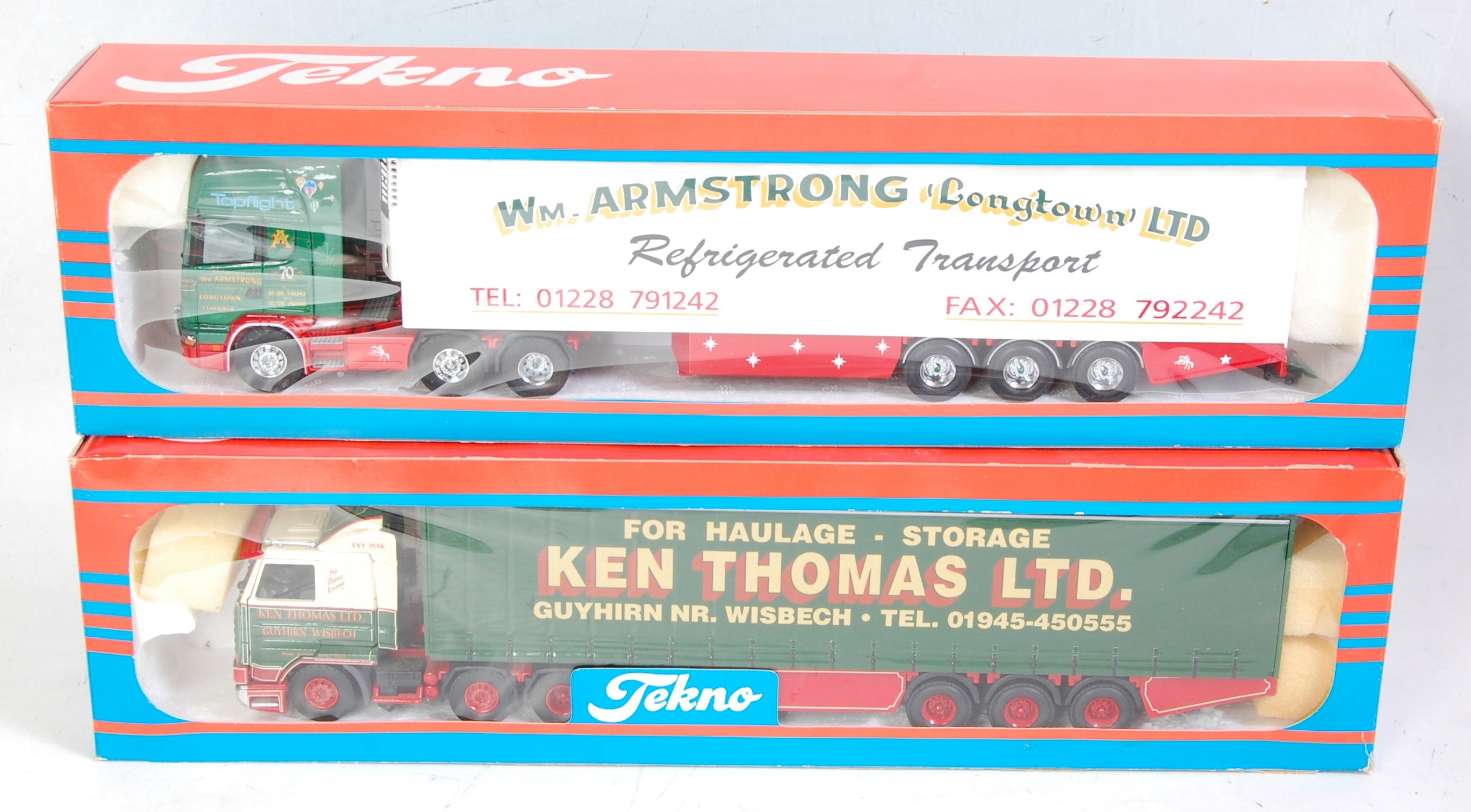 A Tekno 1/50 scale boxed road transport diecast group to include a Ken Thomas Ltd Scania 113M