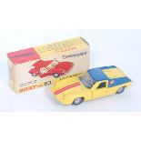 A Dinky Toys No. 218 Lotus Europa comprising of yellow and blue body with orange and black racing