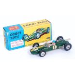 A Corgi Toys No. 155 Lotus Climax F1 racing car comprising of green body with yellow racing stripe