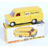 A Dinky Toys No. 407 Ford Hertz Transit van comprising yellow body with blue base plate and red