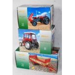 Three various boxed as issued Universal Hobbies 1/16 scale model tractors and tractor implements