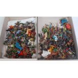 Two trays containing a quantity of various lead and plastic cowboys and medieval figures to