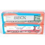 A Tekno 1/50 scale boxed road haulage diecast group to include a Beck Scania 164L tractor unit