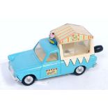 A Corgi Toys No. 428 Smiths Ice Cream van, comprising light blue and cream body with spun hubs and