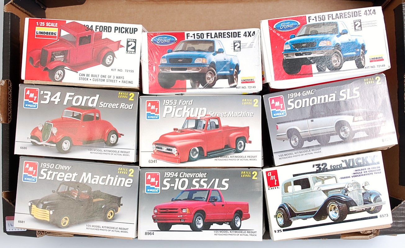 9 various boxed as issued Lindberg and AMT/ERTL 1/25 scale plastic 4x4 and Street Machine Classic