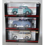 Three various boxed Minichamps Morris Minor related classic cars, all appear as issued to include