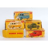 Five various boxed and playworn Dinky Toy diecasts, all boxes with some significant damage to