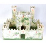 A home-made scratch built wooden model of a medieval fort, hand painted with drawbridge, finished in