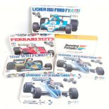 Six various boxed Tamiya and Wave of Japan 1/24 scale plastic Formula One racing car kits to include