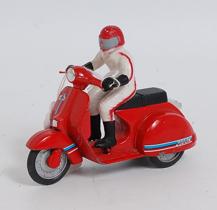 A Mira of Spain No. 809 model of a Vespa 200-DN motorcycle comprising of red body with silver hubs