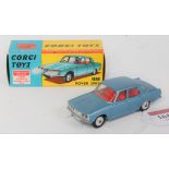 A Corgi Toys No. 252 Rover 2000 saloon comprising of metallic light blue body with red interior