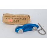 A British made tinplate and aluminium model of a jet propelled car comprising of blue body with