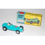 A Corgi Toys No. 152S BRM F1 Grand Prix racing car comprising turquoise body with white driver and