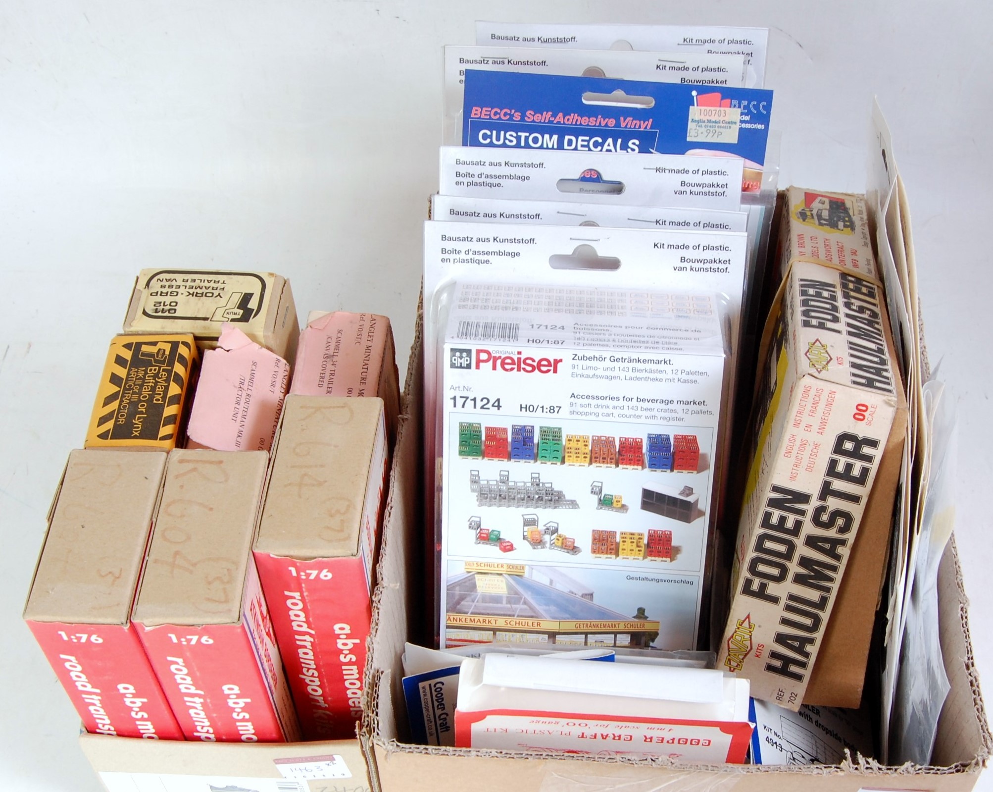 Two boxes containing a quantity of mixed scale, plastic white metal and resin commercial vehicle