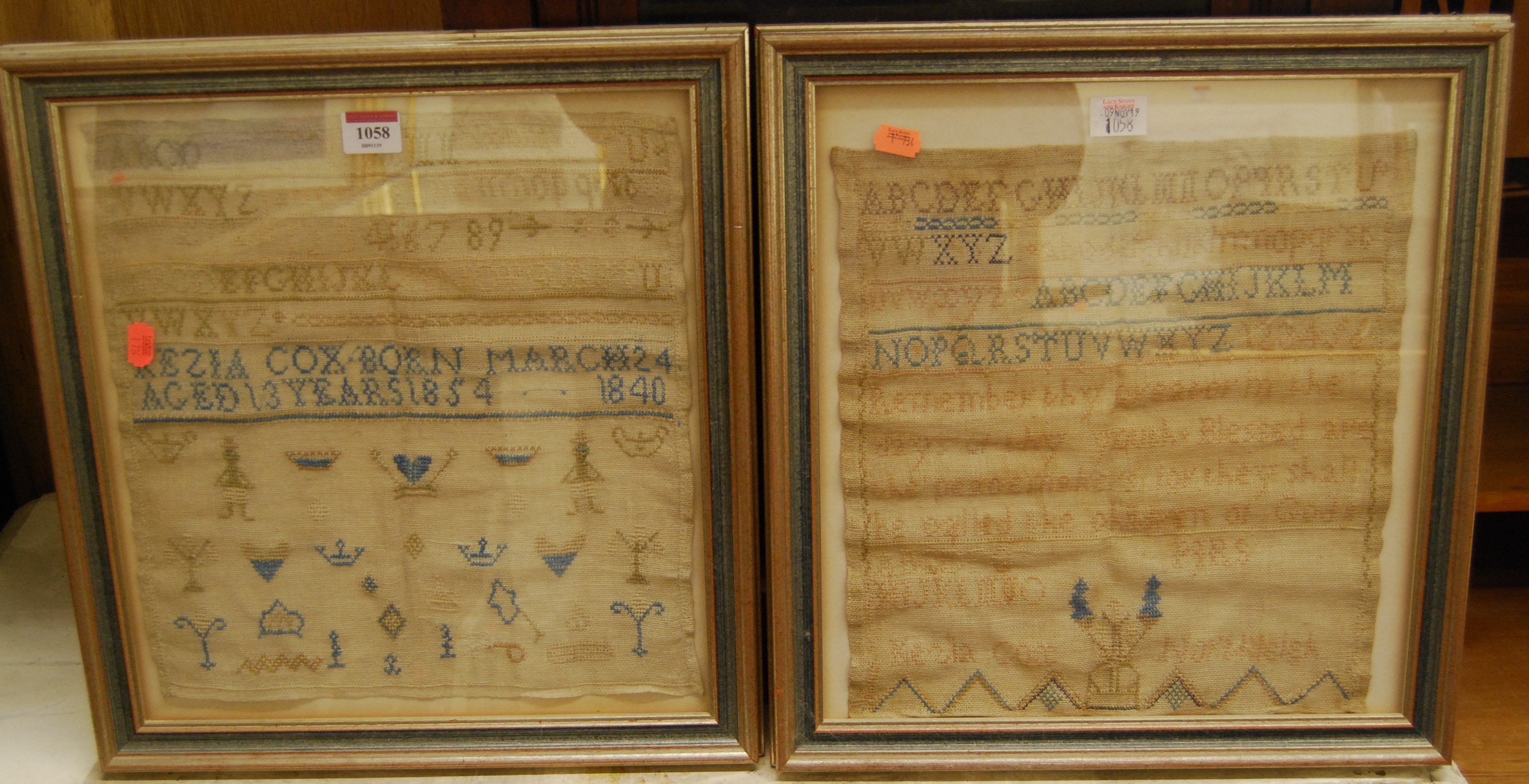 An early Victorian needlework alphabet, number and picture sampler, signed Kezia Cox and dated 1840,