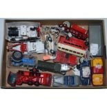 One tray containing a quantity of playworn and re-painted Dinky Toys, Spot-On and Corgi diecasts, to