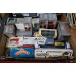 One box containing a quantity of mixed diecasts, to include public transport, carded Corgi toys,