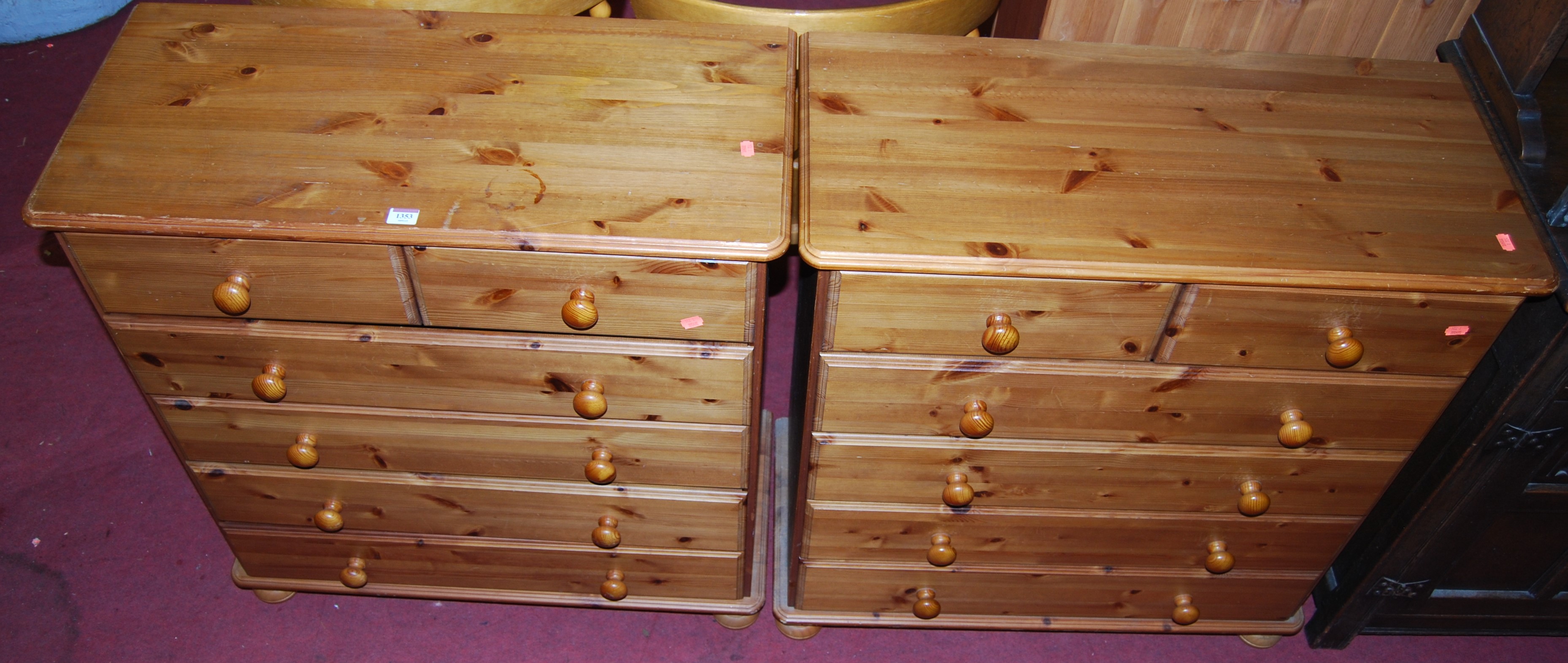 A pair of modern pine round cornered chests of two short over four long drawers, width 83cm