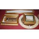 Assorted modern wall mirrors; pair of Dutch oil on panels of ice-skaters etc