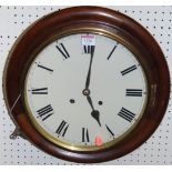A Victorian and later restored mahogany circular wall clock, having twin winding holes with pendulum