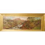 Beckett - Extensive landscape scene with figures on a stone bridge by a waterfall, oil on board,