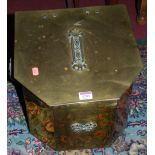 A late Victorian brass hinge top coal box, having iron end carry handles, width 36cm