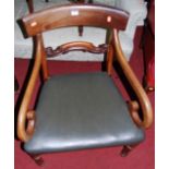 A 19th century mahogany bar-back scroll armchair raised on turned forelegs, together with an