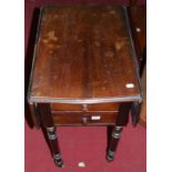 A Victorain rosewood drop-flap two drawer work table, raised on octagonal turned supports