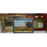 19th century English school - Harvest scene, oil on canvas, 17 x 24cm; E.M. Cass - Still life,