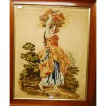 A Victorian woolwork panel, depicting lone woman in a landscape with basket of produce, 72 x 56cm,