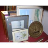 Assorted pictures and prints, embossed brass Watney's hanging advertising sign etc