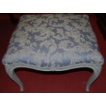 A French blue painted and floral stuff over upholstered square shaped dressing stool, width 65cm