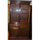 A circa 1900 mahogany bookcase cupboard, having twin astragal glazed upper section with interior