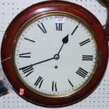 A Victorian style stained wood circular wall clock, having single winding hole with pendulum and