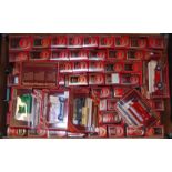 One box containing a quantity of red window boxed Matchbox Models of Yesteryear, mixed saloons and