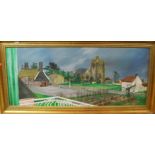 C.S. Caruso - The village church, acrylic on board, signed lower right, 50 x 120cm