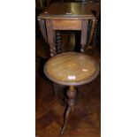 A small 1920s oak barley twist drop leaf occasional table, together with a pedestal wine table (2)