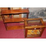 A circa 1900 rosewood? round cornered three-tier hanging wall shelf, width 63cm, together with an