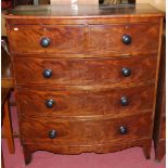 A 19th century mahogany and flame mahogany bowfront chest of two short over three long drawers,