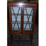 An Edwardian mahogany and chequer strung double door glazed china display cabinet, having twin lower