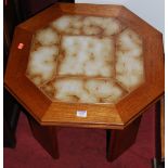 A contemporary teak and tiled inset octagonal low occasional table, width 55cm