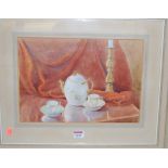 Lisa Rowbotham - The tea set, watercolour, signed lower right, 25 x 36cm; and two others by the