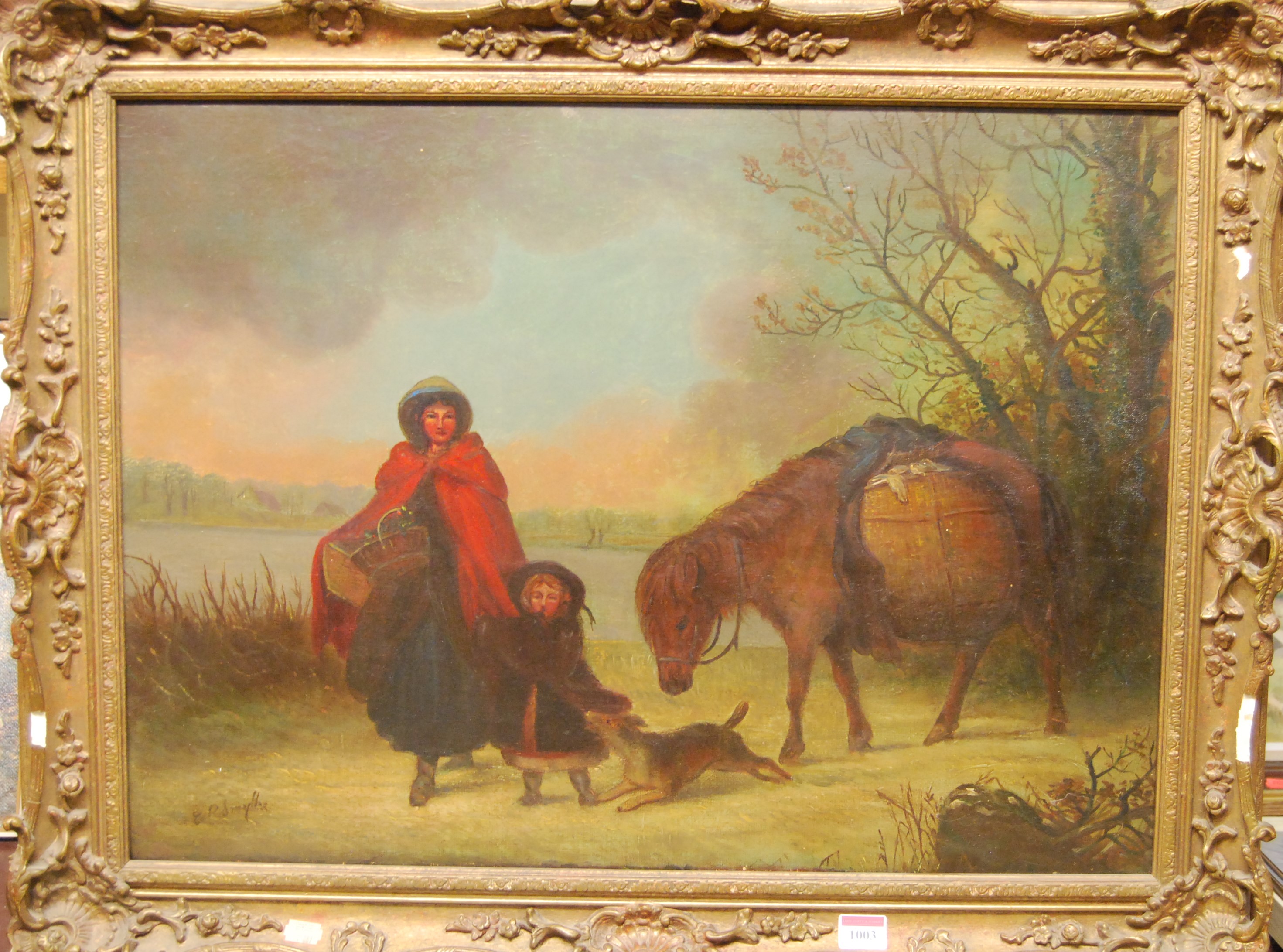 After E.R. Smythe - Travellers with laden donkey in a winter landscape, oil on canvas, bears